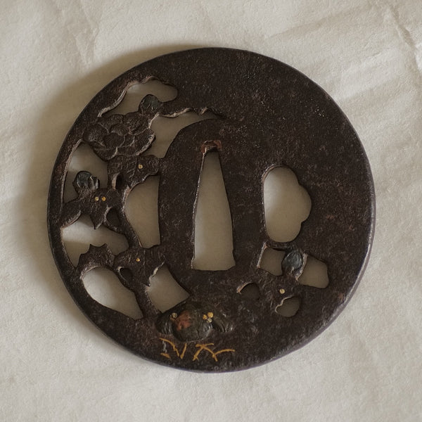 TSUBA ANCIENNE MOTIF PIVOINE ET PAPILLON / ÉPOQUE EDO